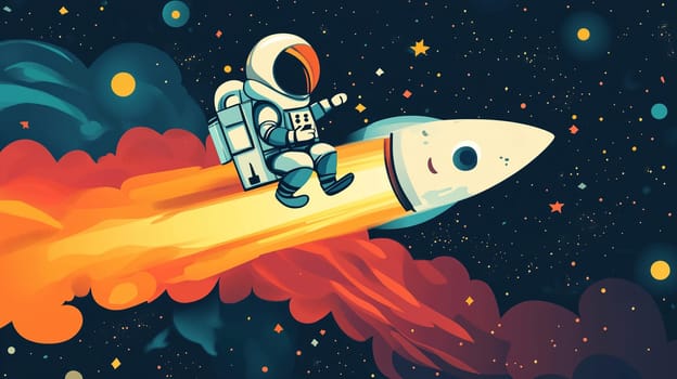 An excited astronaut rides a bright rocket as it speeds through a magical outer space. Colorful clouds and twinkling stars surround the adventurous scene.