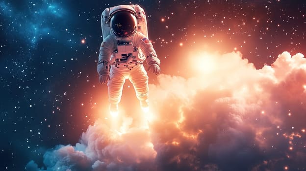 An astronaut is floating gracefully through space, surrounded by colorful clouds and shimmering stars. The scene is illuminated by bright cosmic light, creating a stunning celestial atmosphere.