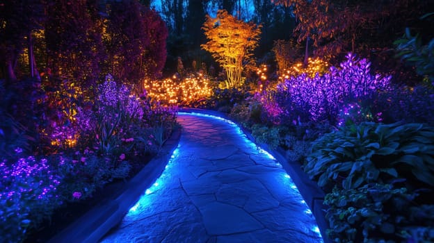 The garden is awash in vivid colors as the twilight sets in. A winding stone path is lined with glowing lights, leading past vibrant flowers and a stunning illuminated tree.