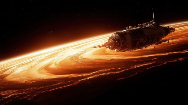 The advanced spacecraft navigates the vibrant, swirling atmosphere of a gas giant, showcasing the beauty and mystery of deep space exploration.