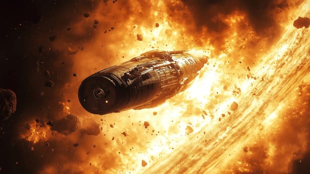 A spacecraft navigates through a fiery explosion amid debris in deep space, showcasing the dangers of traveling near an asteroid belt in a distant galaxy.