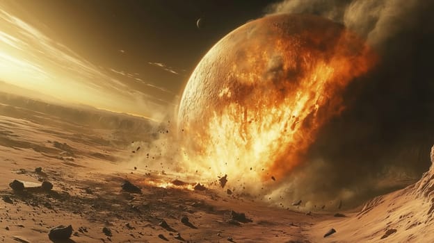 An enormous planet explodes on a distant celestial body at sunset, casting fiery debris across the barren landscape and creating a dramatic effect.