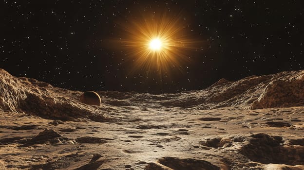 The sun brightly illuminates a rocky, cratered surface of an extraterrestrial body, casting shadows and creating a surreal atmosphere against a backdrop of countless stars.