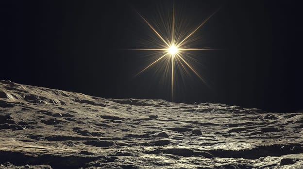 The sun blazes in the black sky, casting brilliant light over the moon's textured surface, revealing a breathtaking landscape during a daytime.