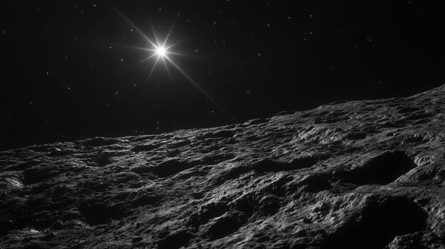 The rugged terrain of a celestial body is illuminated by a distant bright star, creating a breathtaking view against the vast, starry sky at dusk.
