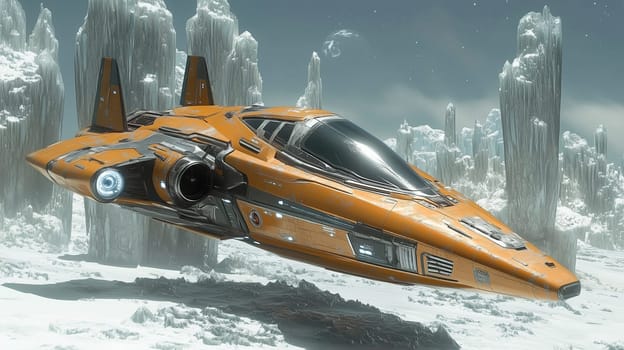 A sleek orange spacecraft glides above a vast icy terrain, surrounded by towering crystal formations under a distant starry sky. The scene captures a moment of exploration in a remote world.