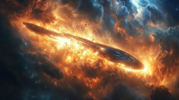 A dramatic cosmic event is unfolding with swirling gases and brilliant colors lighting up the dark expanse of space. The vibrant hues create an awe-inspiring view of the universe.