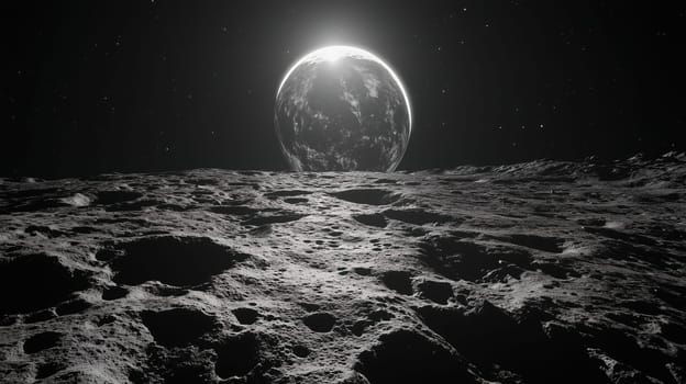A breathtaking view captures Earth emerging above the moon's surface. The lunar landscape features distinct craters and shadows illuminated by sunlight, creating a striking contrast.