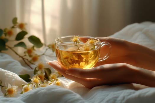 Female hand holding a transparent glass mug with linden tea on white linen textile background..