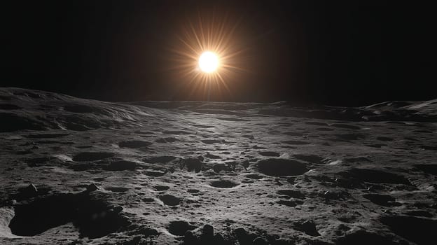 A stunning sunrise occurs above the lunar landscape, casting light on the surface's craters and shadows. The contrast between light and darkness emphasizes the desolation of the moon.