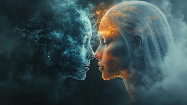Two ethereal figures with contrasting elements face each other, merging smoke and flames in a surreal artistic expression of duality and connection.