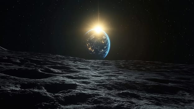 A breathtaking perspective from the moon's surface showcasing Earth rising on the horizon. The sunlight reflects beautifully, highlighting the terrain and the vibrant blue planet above.