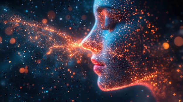 A stunning digital creation showcases a woman's profile aglow with shimmering particles and radiant energy swirling around her face, evoking a sense of cosmic wonder.