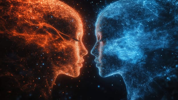 This artwork features two ethereal figures, one glowing in warm orange and the other in cool blue, symbolizing emotional connection and duality against a stunning cosmic backdrop.