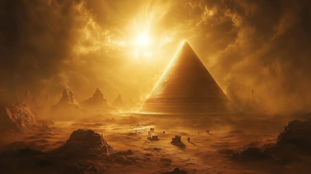 A towering pyramid stands illuminated by a vibrant sun, surrounded by a mysterious desert landscape. The scene reflects ancient history and natural wonder.