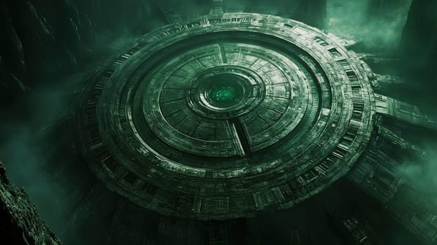 A large, circular structure with intricate patterns appears to be resting on the ground in a misty environment illuminated in green tones.