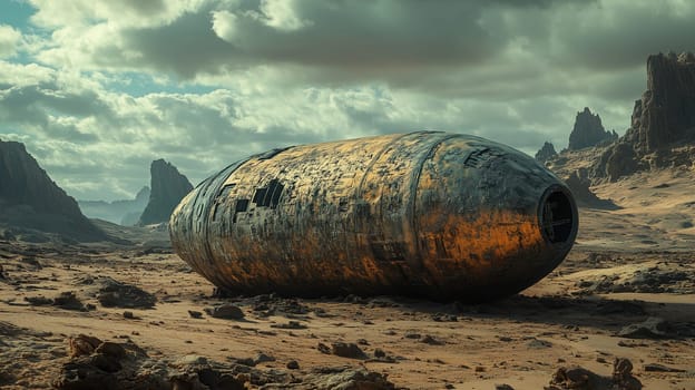 A rugged, metallic spacecraft lies abandoned on desolate terrain, with jagged mountains in the background and dramatic clouds overhead. The scene evokes a sense of mystery and desolation.