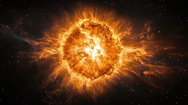 A magnificent solar eruption unfolds in the vastness of space, displaying bright orange and yellow flames radiating outward. The cosmic backdrop enhances the fiery spectacle, revealing solar activity.
