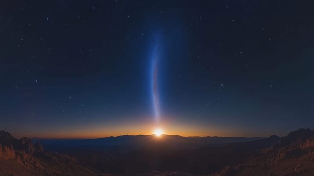 The early morning sky reveals a stunning sunrise casting warm hues over majestic mountains while faint stars begin to fade away. A serene moment in nature unfolds.