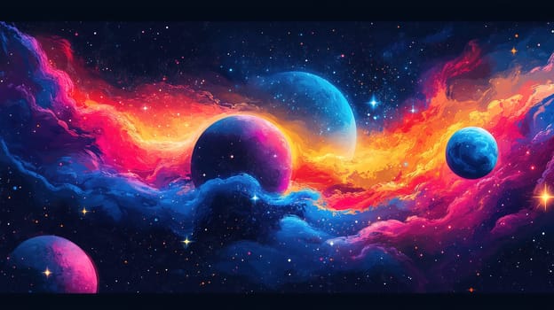 A vibrant cosmic landscape showcases colorful planets surrounded by swirling nebulae. Stars twinkle in the deep night sky, highlighting the vastness of space.