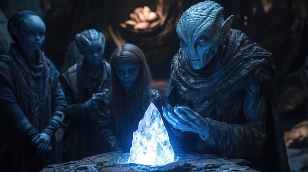 A group of alien entities stands closely around a shimmering crystal in a dimly lit underground cave, intrigued by its glow and potential significance to their journey.