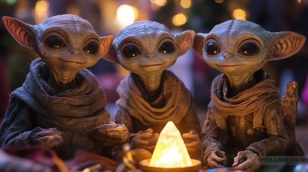 Three charming alien beings are seated around a glowing crystal in a warm, welcoming space filled with twinkling lights, creating a magical atmosphere at night.