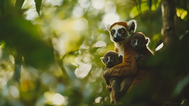 A lemur with two babies huddles together in the dense jungle, showcasing family bonds in the wild.