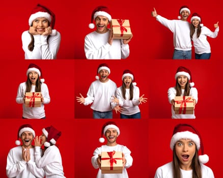 A joyful couple dressed in white sweaters and Santa hats is posing against a vivid red backdrop, expressing excitement and happiness while holding gifts. They showcase a range of cheerful reactions.