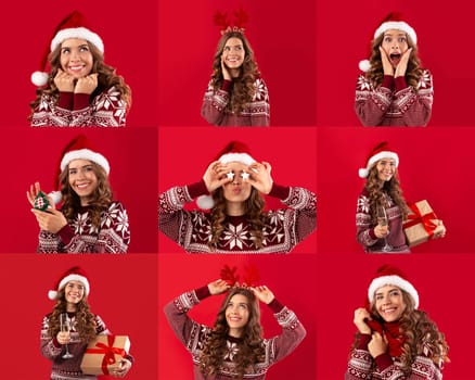 A cheerful lady wearing a Santa hat and festive sweater showcases various joyful expressions while interacting with gifts, embodying the spirit of the holiday season in a vibrant red background.