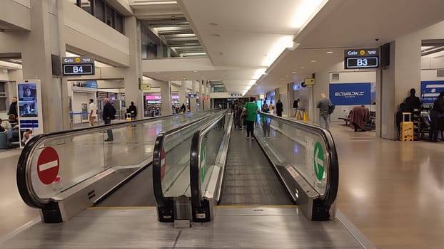 15 October 2024 Tel-Aviv Israel Ben Gurion airport Terminal 3, tourist lounge, escalator transport movement , travel, interior. High quality photo