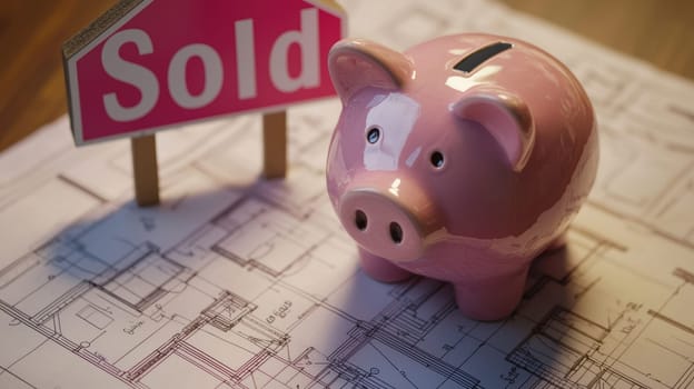 A piggy bank shaped like a house sits on a detailed blueprint, accompanied by a sold sign, symbolizing the concept of saving for a home purchase or investing in real estate. emphasizes financial planning and real estate growth.