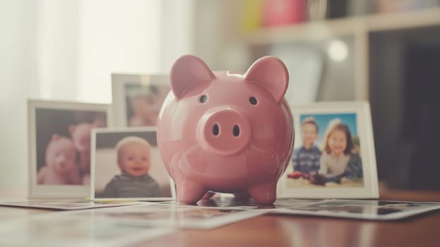 A pink piggy bank sits among family photos on a wooden table, symbolizing savings for family and future generations. the cozy home background adds warmth and a sense of nostalgia, the importance of financial planning.