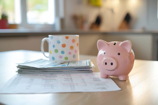 Piggy bank, coffee mug, and a stack of bills with a budgeting sheet on a well-organized kitchen table, symbolizing careful financial planning and saving for household expenses. the scene conveys a theme of home economics and budgeting.