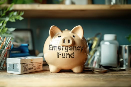 Piggy bank labeled "emergency fund" sits on a desk surrounded by a first aid kit and essential supplies, symbolizing financial readiness and security. set against a backdrop of a cozy home office, it highlights the importance of saving.