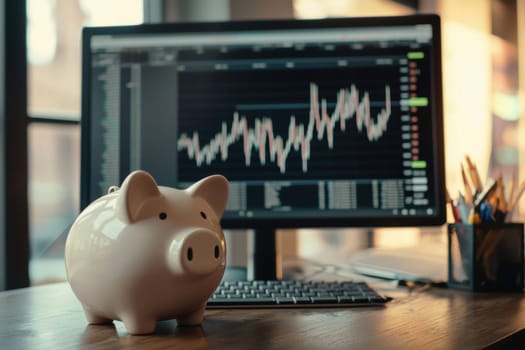 A piggy bank rests on a desk beside a computer monitor showing stock market graphs. symbolizes prudent financial planning and investment strategies, the importance of savings in digital financial analysis.