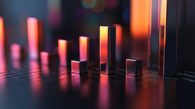 Metallic 3d bar chart visuals depict the growth trend of global fintech investments from 2015 to 2024. set against a dark, subtly lit background, the reflective bars convey a futuristic and dynamic financial environment.