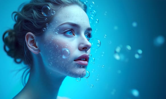 A young woman gazes upwards in underwater tranquility, illuminated by blue hues and surrounded by bubbles, evoking a sense of calm - Generative AI