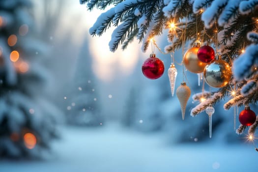 Branches of an evergreen Christmas tree are adorned with vibrant ornaments and lights, surrounded by a snowy winter landscape at sunset - Generative AI