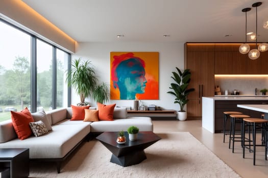A beautifully designed living room features a large, colorful portrait, plush seating with orange accents, and ample natural light streaming through large windows.