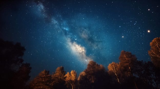 A breathtaking view of the Milky Way galaxy illuminates the night sky above towering trees, creating a tranquil atmosphere - Generative AI