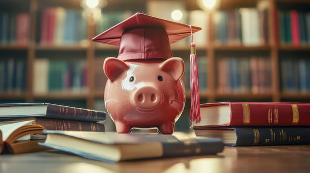 Piggy bank styled as a graduation cap surrounded by diplomas and textbooks, symbolizing saving for higher education. set against a university campus background, the image conveys themes of financial planning and academic achievement.