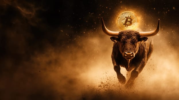 powerful bull charging forward with its horns raised, symbolizing strength and determination, while glowing Bitcoin symbol hovers above its head, representing cryptocurrency market.