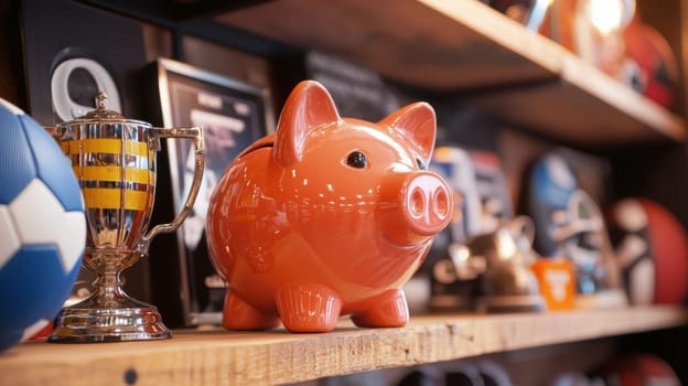 Trophy-shaped piggy bank displayed on a wooden shelf surrounded by sports memorabilia symbolizes the idea of saving for future sports and fitness goals, blending financial planning with athletic aspirations in a creative manner.
