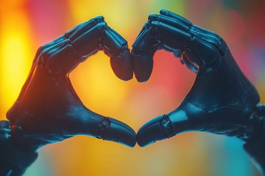 close up of robotic hands forming heart shape against colorful background, symbolizing love and connection in futuristic context.