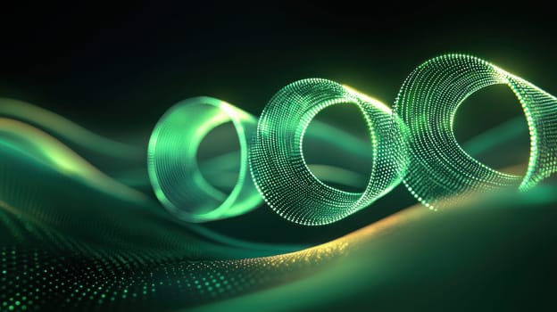 Interlocking rings create mesmerizing abstract design with glowing dots.
