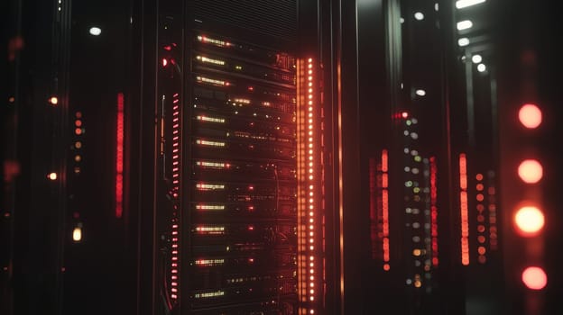 A dramatic, focused shot of a single server rack adorned with flashing led lights and meticulously organized cabling. the dark background accentuates the vibrant, glowing server, creating a high-tech, futuristic ambiance.