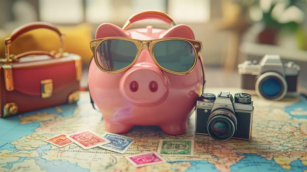 Piggy bank shaped like a suitcase with sunglasses, set on a map alongside travel stamps and vintage cameras. it symbolizes saving for vacations and travel adventures, capturing the essence of planning and wanderlust in a vibrant airport setting.