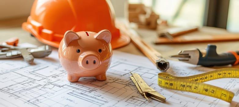 Piggy bank placed on a construction site blueprint, surrounded by small tools, hard hat, and measuring tape, symbolizing financial planning and saving for home construction or renovation. highlights the concept of building a budget for future projects.