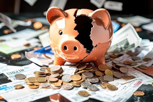 A broken piggy bank with scattered coins surrounded by urgent bills and overdue notices conveys a sense of financial crisis, the challenge of managing unexpected expenses and debt in a household budget context.