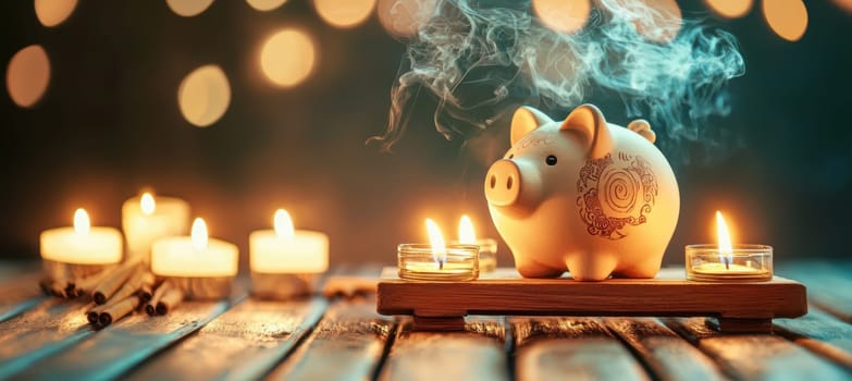 Traditional piggy bank on a wooden altar surrounded by incense and candles. the scene blends spirituality and culture, representing financial planning and saving. warm lights create a serene and reflective atmosphere.